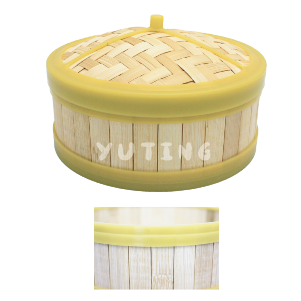 Yellow Plastic Rim Bamboo Steamer (Wood Base) & Yellow Plastic Rim Bamboo Cover - Image 2