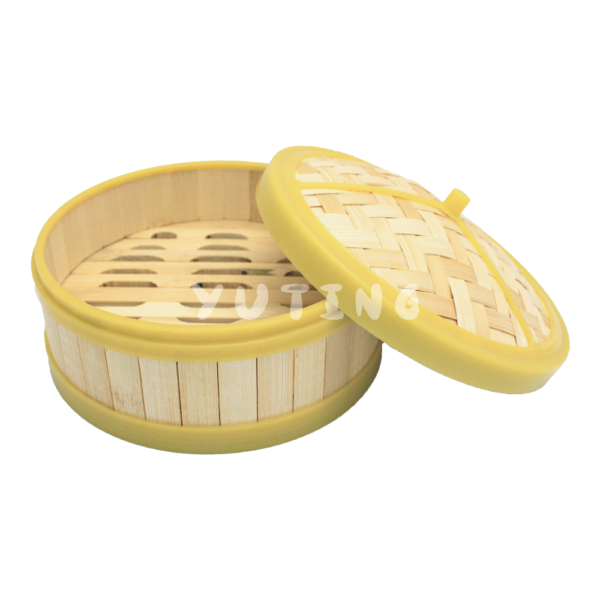 Yellow Plastic Rim Bamboo Steamer (Wood Base) & Yellow Plastic Rim Bamboo Cover